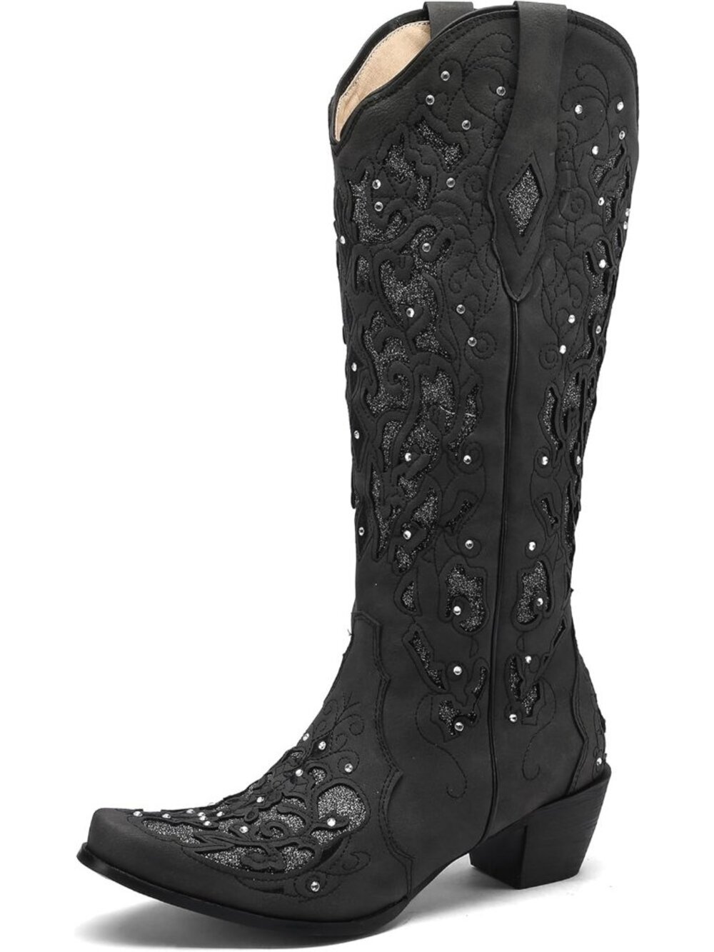 Women Cowboy Boots Western Chunky Heel Pointed Rhinestones Knee High Boot Black